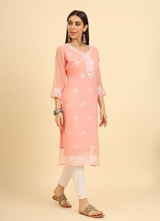 Peach Chikankari, Embroidered and Lucknowi Work Work Georgette Casual Kurti