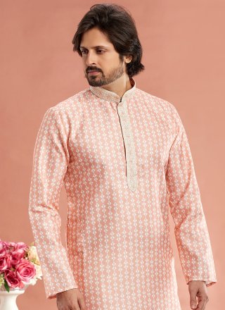 Peach Cotton Digital Print and Thread Work Kurta Pyjama for Ceremonial