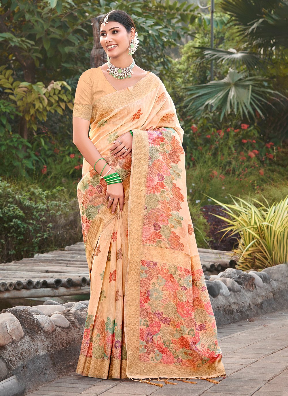 Buy Peach Kota Doria Chunri Printed Handloom Pure Cotton Saree without  Blouse 15667 | www.maanacreation.com