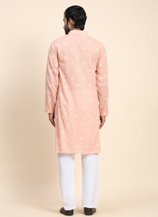 Peach Cotton Kurta Pyjama with Embroidered Work for Casual