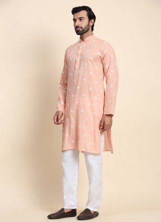 Peach Cotton Kurta Pyjama with Embroidered Work for Casual