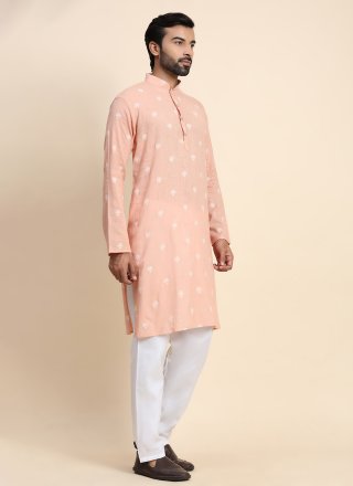 Peach Cotton Kurta Pyjama with Embroidered Work for Casual