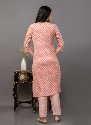 Peach Cotton Pant Style Suit with Embroidered Work