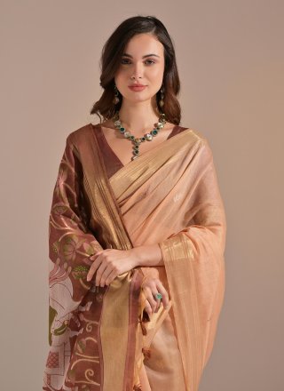 Peach Cotton Traditional Saree with Weaving and Zari Work for Women