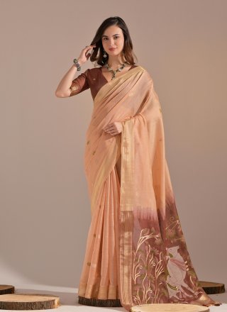 Peach Cotton Traditional Saree with Weaving and Zari Work for Women