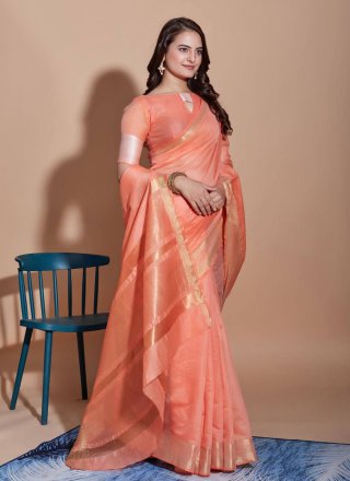 Peach Cotton Traditional Saree with Woven Work for Casual