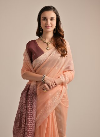 Peach Cotton Weaving Work Traditional Saree for Ceremonial