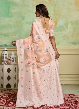 Peach Cotton Woven Work Casual Sari for Casual