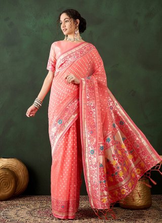 Peach Cotton Woven Work Classic Saree