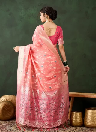 Peach Cotton Woven Work Contemporary Sari