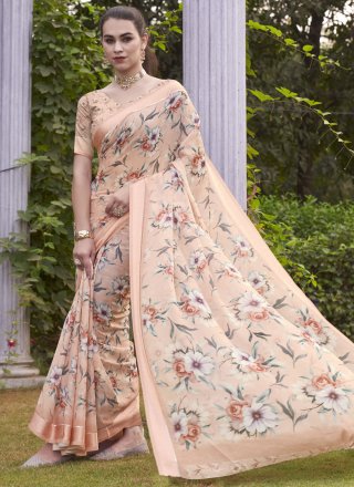 Peach Digital Print Work Georgette Designer Sari