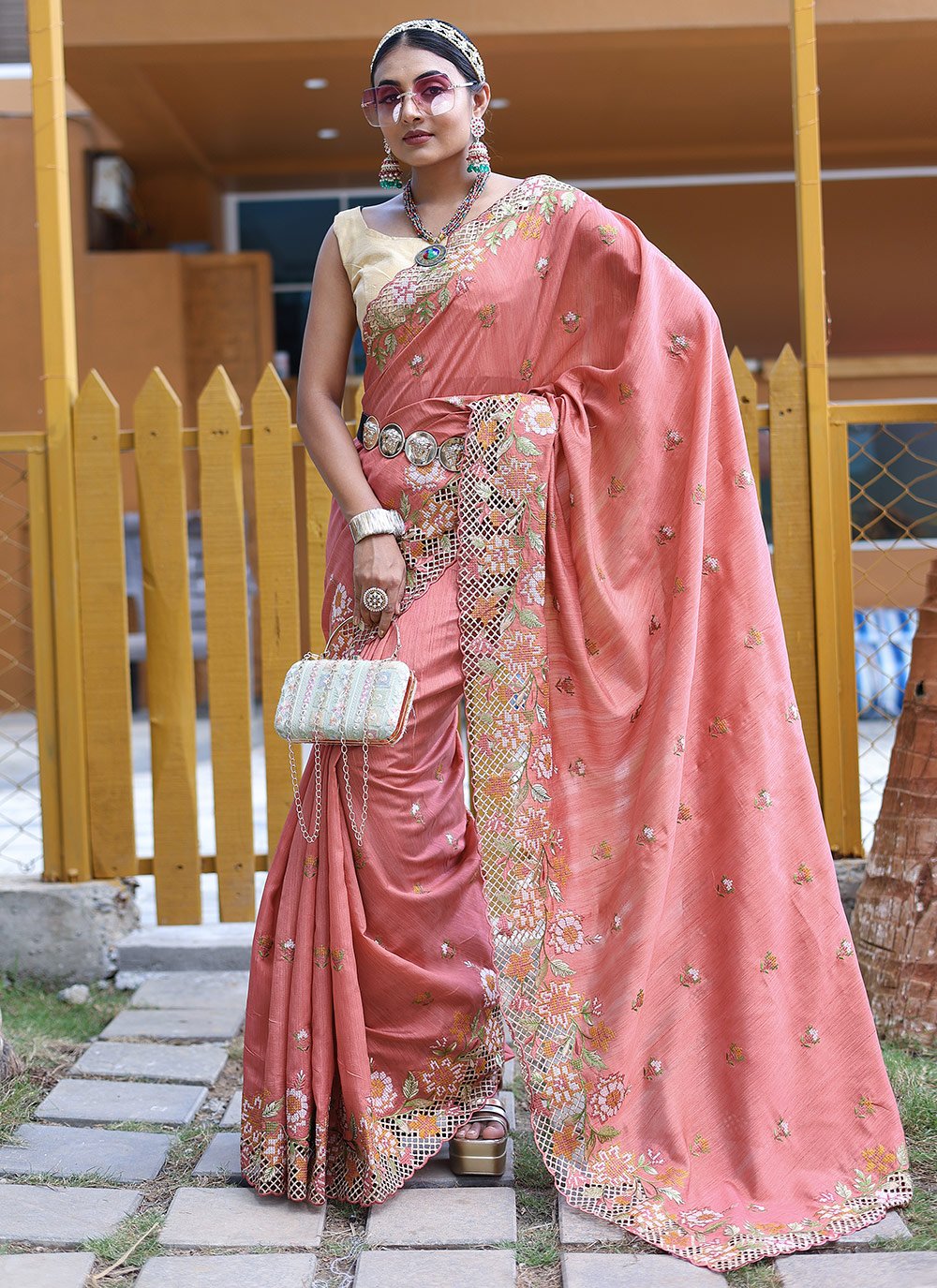 Peach Colour Silk Saree with Contrast Blouse | Designer Saree with Price