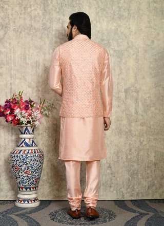 Peach Embroidered, Resham and Sequins Work Art Silk Kurta Payjama with Jacket