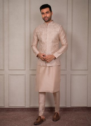 Peach Embroidered Work Silk Kurta Payjama with Jacket
