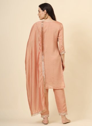Peach Embroidered Work Vichitra Silk Salwar Suit