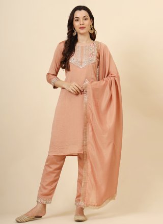 Peach Embroidered Work Vichitra Silk Salwar Suit