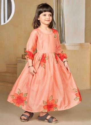 Peach Fancy Fabric Digital Print Work Gown Kids Wear for Ceremonial