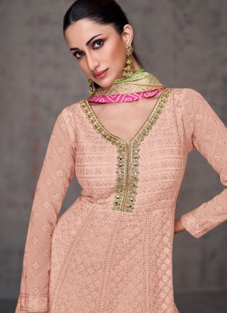Peach Faux Georgette Anarkali Suit with Embroidered and Sequins Work for Ceremonial