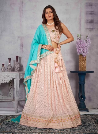 Peach Faux Georgette Embroidered, Sequins, Thread and Zari Work Readymade Lehenga Choli for Women