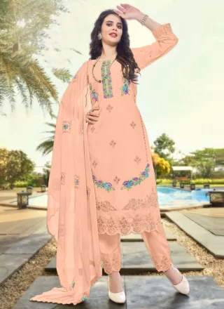 Peach Faux Georgette Embroidered Work Salwar Suit for Women