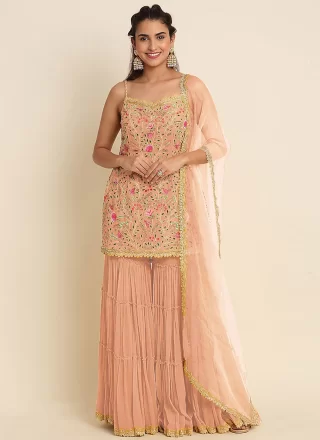 Peach Faux Georgette Salwar Suit with Embroidered Work for Ceremonial