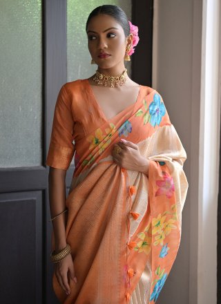 Peach Floral Patch Work Banarasi Silk Contemporary Sari