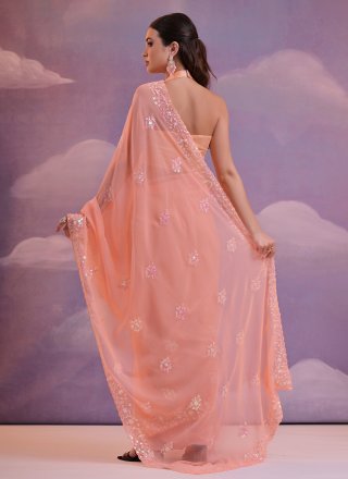 Peach Georgette Casual Sari with Embroidered and Sequins Work for Casual