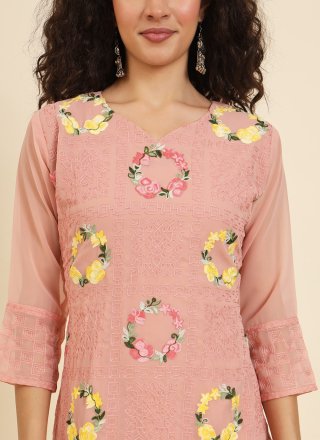 Peach Georgette Chikankari, Embroidered and Lucknowi Work Work Casual Kurti for Women