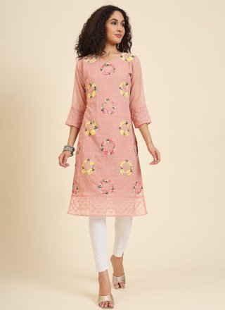 Peach Georgette Chikankari, Embroidered and Lucknowi Work Work Casual Kurti for Women