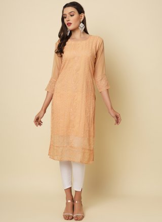 Peach Georgette Chikankari, Embroidered and Thread Work Designer Kurti