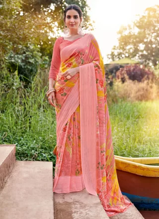 Peach Georgette Classic Saree with Print Work for Women