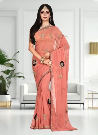 Peach pink plain Linen Saree with Silver Border - Loomfolks