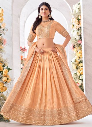 Peach Georgette Cord, Embroidered and Gota Work Readymade Lehenga Choli for Engagement