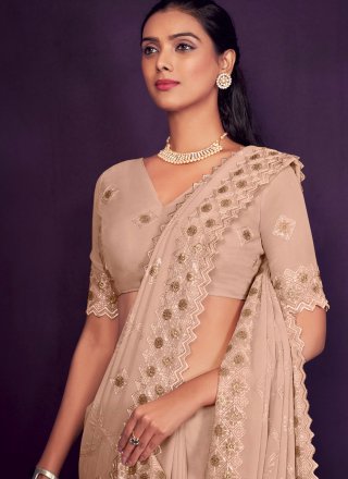 Peach Georgette Designer Sari with Embroidered and Sequins Work for Ceremonial
