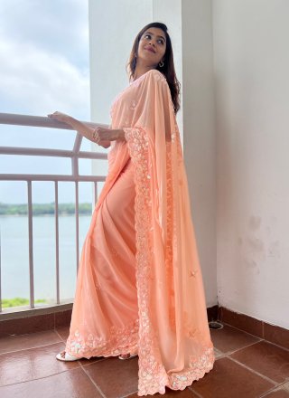 Peach Georgette Embroidered and Sequins Work Traditional Saree