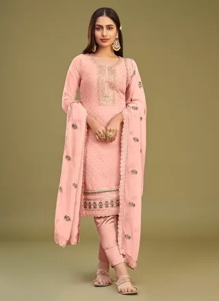 Peach Georgette Embroidered and Swarovski Work Salwar Suit for Ceremonial