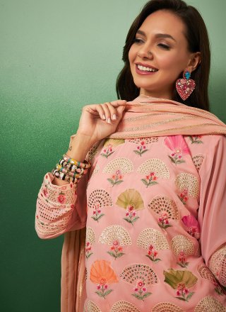 Peach Georgette Embroidered, Hand and Sequins Work Trendy Suit for Women
