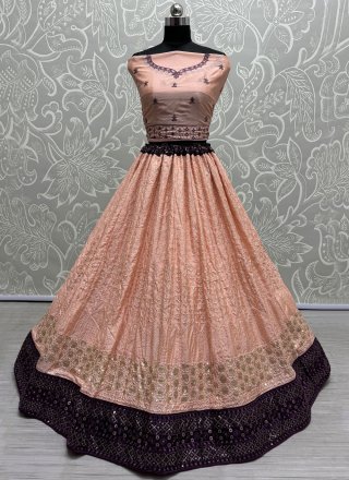 Peach Georgette Embroidered, Sequins and Thread Work Lehenga Choli for Reception