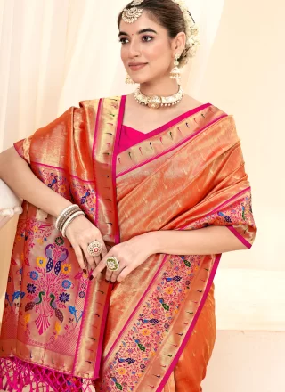 Peach Handloom Silk Classic Saree with Jacquard Work for Women