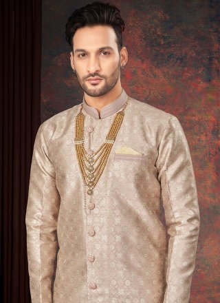 Peach Jacquard Fancy and Jacquard Work Indo Western for Men