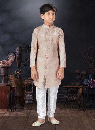 Peach Jacquard Indo Western with Buttons, Fancy, Print and Thread Work for Ceremonial
