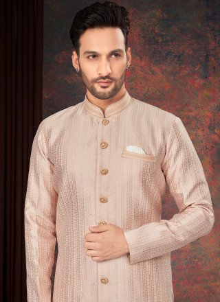 Peach Jacquard Indo Western with Fancy and Thread Work for Men