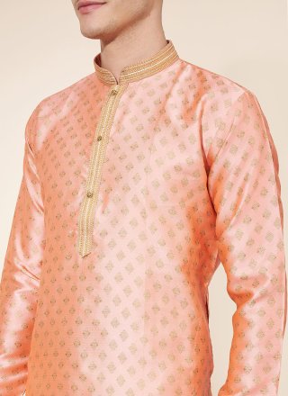 Peach Jacquard Pintex Work Kurta Pyjama for Men