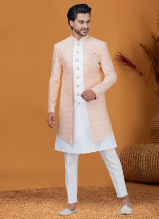 Peach Jacquard Silk Indo Western