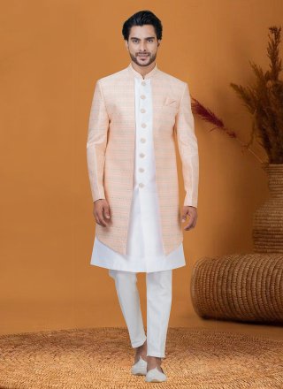 Peach Jacquard Silk Indo Western