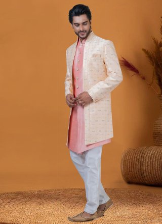Peach Jacquard Silk Indo Western with