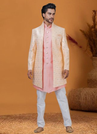 Peach Jacquard Silk Indo Western with