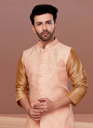 Peach Jacquard Silk Jacquard Work Nehru Jackets for Men