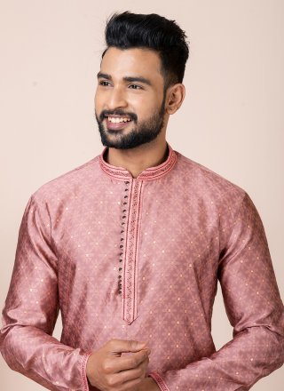 Peach Jacquard Silk Kurta Pyjama