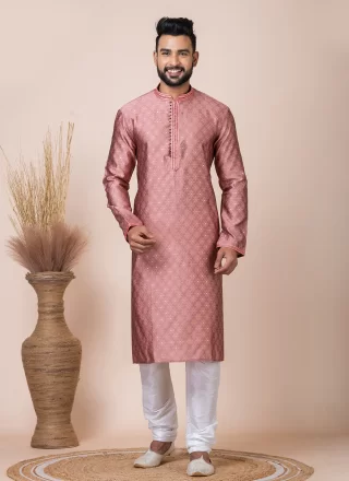 Peach Jacquard Silk Kurta Pyjama